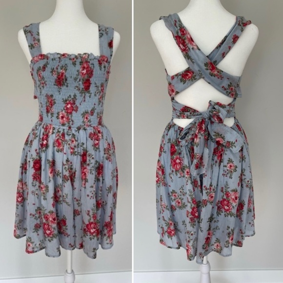 NSR Dresses & Skirts - NSR blue with pink floral summer knee length dress size S Prairie Cottagecore